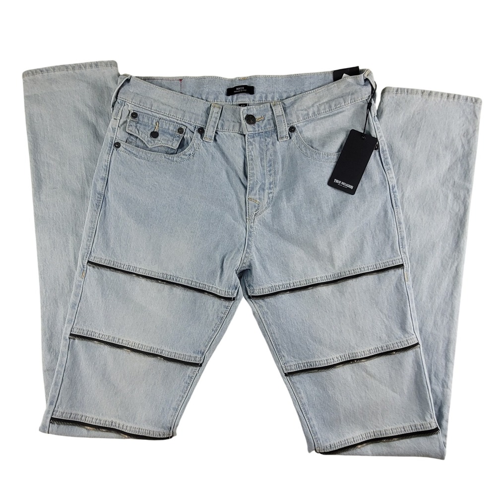 RARE True Religion Rocco Relaxed Skinny Mens 34 Blue Stacked Flap Zips 109449C